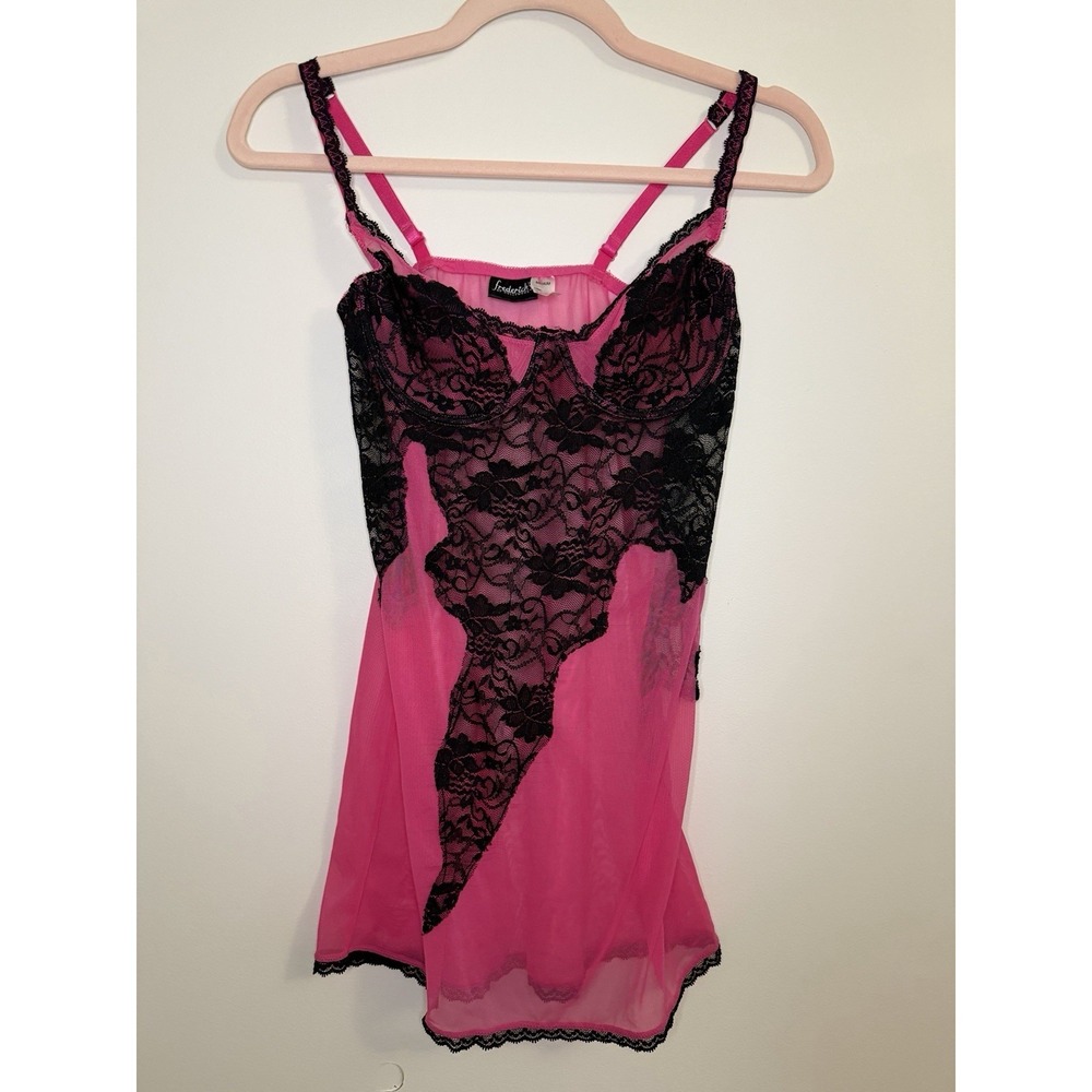 Vintage Y2K Frederick's of Hollywood Hot Pink Black Lace Babydoll Slip Small